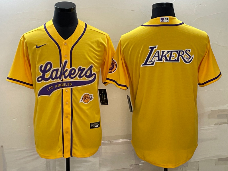Men's Los Angeles Lakers Yellow Big Logo With Patch Cool Base Stitched Baseball Jersey Men's Los Angeles Lakers Yellow Big Logo With Patch Cool Base Stitched Baseball Jersey
